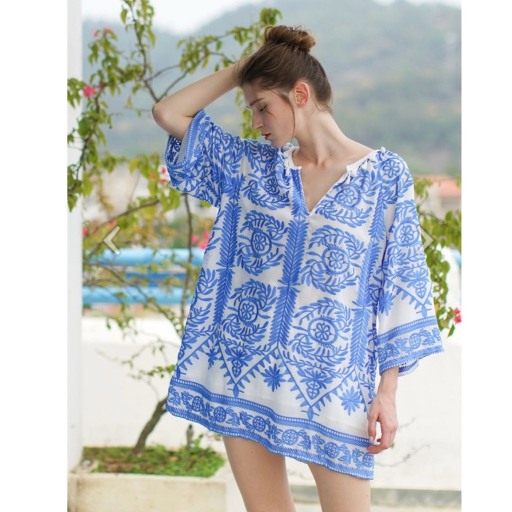 Beulah Style Women's Touch The Skyline Boho Embroidered Blue/White Dress Size SM